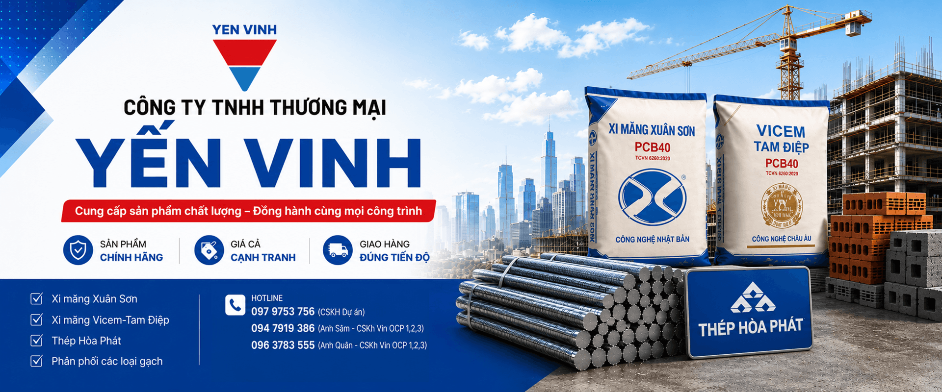 Yến Vinh - Công ty TNHH Thương mại Yến Vinh, nhà phân phối xi măng Xuân Sơn, Vicem Tam Điệp, thép Hòa Phát và gạch tại Hưng Yên